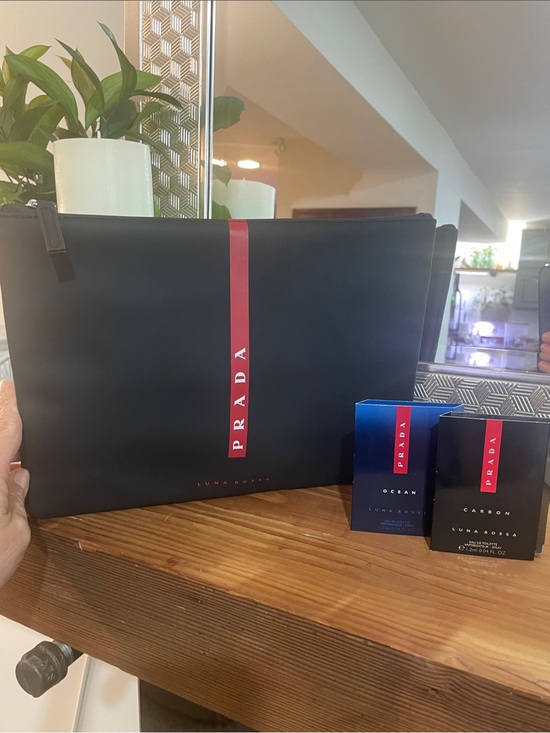 Prada Other - 🍂 Prada Black Toiletry Pouch with Red Center Stripe